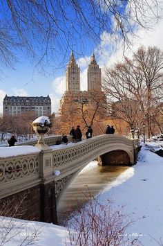 people are walking over a bridge in the snow near some buildings and trees with no leaves on them