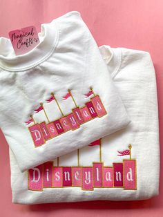 Disneyland Pink Kid / Youth Embroidered Crewneck Sweatshirt - White This listing is for Youth Size Disneyland Sweatshirt Outfit, Embroidered Disney Sweatshirt, Disneyland Embroidered Sweatshirt, Disney Land Shirts, Disney Embroidery Sweatshirt, Pink Disneyland Outfit, Pink Disney Outfit, Disneyland Outfits Spring, Trendy Disney Outfits