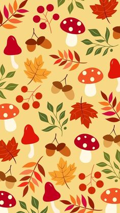 an autumn pattern with mushrooms, leaves and acorns