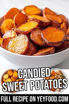 a bowl filled with sliced sweet potatoes next to another bowl full of chopped sweet potatoes