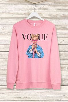 Vogue Girl Sweatshirt spun from plush sponge fleece fabric. Relaxed fit. 60% Cotton // 40% Polyester Trendy Fleece Top With Graphic Print, Trendy Pink Fleece Sweatshirt, Trendy French Terry Tops For Winter, Trendy Pink Fleece Sweater, Trendy Fleece Tops For Loungewear, Trendy Long Sleeve Fleece Tops, Pink Fleece Tops With Graphic Print, Trendy Fleece Sweatshirt For Loungewear, Trendy Fleece Top For Spring