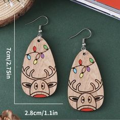 Charming Wooden Earrings With Reindeer Design. Features Colorful Lights. Perfect For Festive Occasions. Laser Engraving Earrings, Laser Cut Christmas Earrings, Wooden Christmas Earrings, Cricut Earrings, Laser Cut Decor, Art 101, Christmas Tree Lights