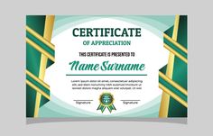 an award certificate with green and gold stripes