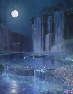 an animated scene with waterfalls and flowers in the foreground, under a full moon