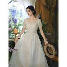 A beautiful, fleeting, sweet romance. A retro dress with a dreamy shimmer. The neckline and cuffs are decorated with lace embroidery. An item that gives a sophisticated and classic impression. 
 
 ＜Size＞ 
 
 S size 
 
 Length: 121cm 
 Shoulder width: 35cm 
 Bust: 86cm 
 Waist: 70cm 
 Sleeve length: 23cm 
 
 M size 
 
 Length: 122cm 
 Shoulder width: 36cm 
 Bust: 90cm 
 Waist: 74cm 
 Sleeve length: 23.5cm 
 
 L size 
 
 Length: 123cm 
 Shoulder width: 37cm 
 Bust: 94cm 
 Waist: 78cm 
 Sleeve leng Beige A-line Lace Dress With Lace Trim, Summer Formal Lace Dress With Fitted Bodice, Elegant Beige A-line Vintage Dress, Lace Dress With Puff Sleeves And Lace Patchwork, Lace Patchwork Puff Sleeve Dress, Fitted A-line Dress With Delicate Lace, Lace Patchwork Square Neck Dress, Square Neck Lace Patchwork Dress, Elegant Summer Dresses With Lace Collar