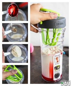 the process for making an ice cream blender is shown in four different stages, including adding ingredients and then blending