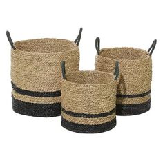 Give organizing a playful twist with these striped seagrass storage basket that would complement your modern home space. This item ships in 1 carton. Due to the handmade nature of these, there will be slight color, shape, and size variations, as well as loose fibers. Suitable for indoor use only. This item ships fully assembled in one piece. Maximum weight limit is 5 lbs. Made in Vietnam. This black colored basket organizer comes as a set of 3. Modern style. Woven 3 Piece Seagrass Basket Set in Blanket Baskets, Themed Homes, Seagrass Baskets, Seagrass Storage Baskets, Grass Basket, Seagrass Basket, Wicker Baskets Storage, Natural Weave, Round Storage