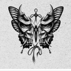 an artistic tattoo design with two skulls and wings on the back of their heads, in black