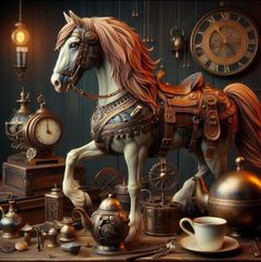 a horse statue sitting on top of a table next to teapots and clocks