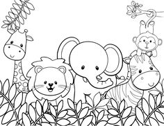 a group of animals that are standing in the grass with leaves and flowers around them