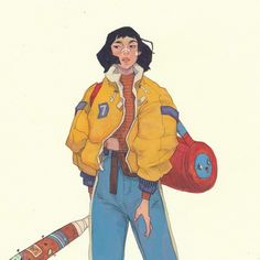 a drawing of a woman in yellow jacket and blue jeans holding a red bag with her right hand