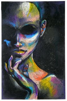 a painting of a woman's face and hands with multicolored paint on it