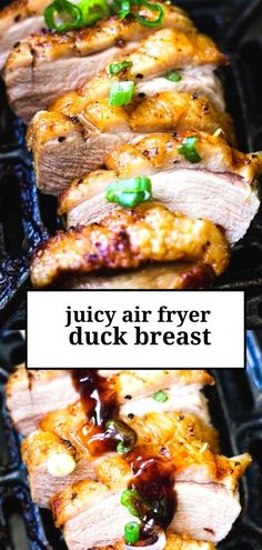 duck breast in the air fryer with chopped green onions on top Wild Duck Breast Recipes Easy, Duck In Air Fryer, Keto Duck Recipes, Duck Recipes Air Fryer, Bacon Wrapped Duck Breast, Crispy Duck Breast Recipes, Baked Duck Breast Recipes, Air Fryer Duck Recipes, Grilled Duck Breast Recipes