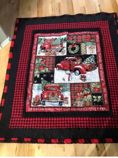 a quilted christmas table runner with an old red truck