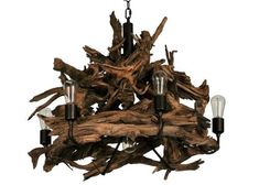 a chandelier made out of driftwood with five lights