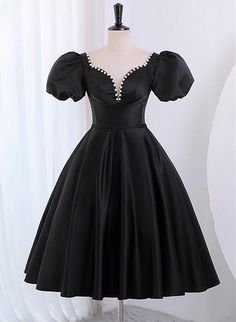 Black Satin Short Sleeves Knee Length Party Dress Homecoming Dress Coc – LUOLANDI DRESS Short Sleeves Prom Dress, Short Sleeve Prom Dresses, Black Prom Dress Short, Party Dress Black, Beaded Party Dress, Floral Dress Formal, Satin Noir, Floor Length Prom Dresses