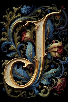 the letter j is made up of flowers and leaves in gold, blue, and red