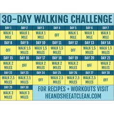 the 30 - day walking challenge is shown in blue and yellow, with instructions for each