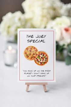 a card that says the joey special with two pizzas on it and flowers in the background