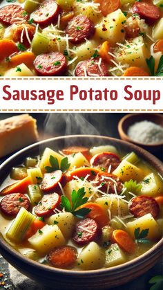 sausage potato soup in a bowl with bread and parmesan cheese on the side