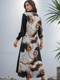 Lasaky - Contemporary Asymmetric Print Split Button Front Dress: Long Sleeve Maxi Dress, Fashionable Womens Attire Elegant Long Dresses With Patchwork, Elegant Long Sleeve Patchwork Maxi Dress, Fall Patchwork Dress With Asymmetrical Hem, Elegant Patchwork Maxi Dress For Fall, Elegant Asymmetrical Patchwork Dress, Chic Patchwork Maxi Dress For Fall, Elegant Long Sleeve Printed Shirt Dress, Fall Care, Button Front Dress