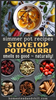 the recipe for stovetop potpouri is shown in bowls with spices and nuts