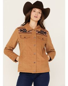 Model is 5'10" wearing a size medium Spread collar Western Style Outerwear For Fall Ranch, Western Style Fall Outerwear For Ranch, Western Style Fall Ranch Outerwear, Fall Ranch Outerwear With Pockets, Casual Fall Outerwear For Rodeo, Western Style Long Sleeve Cotton Outerwear, Southwestern Style Brown Outerwear For Fall, Southwestern Brown Outerwear For Fall, Western Style Fall Outerwear For Rodeo