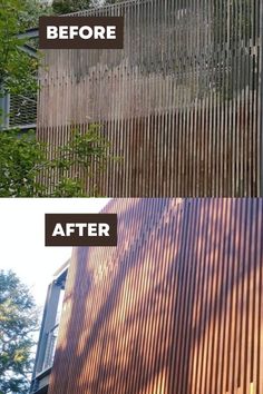 before and after shots of a house with wood slats