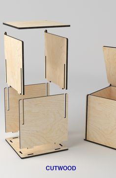 three wooden boxes are stacked on top of each other, with the lids open and doors closed