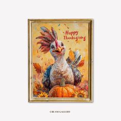 a painting of a chicken with feathers on it's head and pumpkins in the background