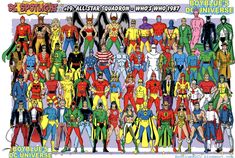 an image of a group of superheros in different colors and sizes, all standing together