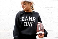 F I T ∙ & ∙ S I Z I N G • Gildan brand Game Day Sweatshirt, Sunday Football, Baseball Hoodie, Football Sunday, Football Sweatshirt, Grey Crewneck, Black Crewneck, Cute Sweatshirts, Game Time