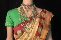 Most beautiful South Indian traditional panch lada with one choker and a pair of earrings with pressing style back Wedding Meenakari Mala In Chandbali Shape, Bollywood Green Bridal Necklace For Puja, Green Cutdana Choker For Wedding, Green Mala For Wedding Festival Season, Green Mala For Wedding And Festivals, Green Mala For Wedding Festivals, Wedding Kundan Choker With Latkans, Kundan Choker With Latkans For Wedding, Heavy Bollywood Style Mala For Wedding