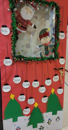 a bulletin board decorated with christmas decorations