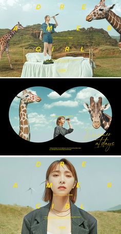 two pictures with people and giraffes in the middle one has an advertise