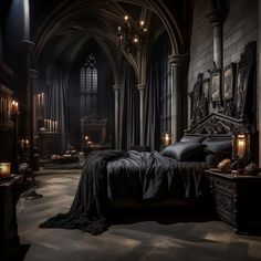 Dark Fantasy Bedroom Aesthetic, Black Castle Aesthetic Interior, Dark Mansion Bedroom, Gothic Castle Bedroom, Gothic Mansion Bedroom, Vampire Aesthetic Bedroom, Dark Castle Bedroom, Dark Gothic Bedroom, Castle Bedroom Aesthetic