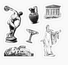 various stickers that include statues and ancient architecture, including a statue with a man on it