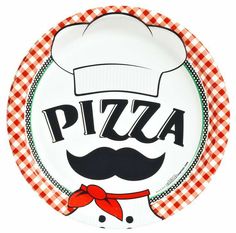 a pizza logo with a chef's hat on top of it and a red checkered ribbon around the neck