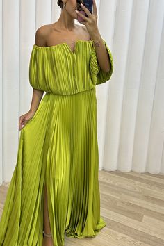 F00235427-213 Off The Shoulder Evening Dress, Off Shoulder Sleeves, Off Shoulder Evening Dress, Sleeves Style, Party Kleidung, Off Shoulder Fashion, Split Maxi Dress, Split Dress, Pleated Maxi Dress