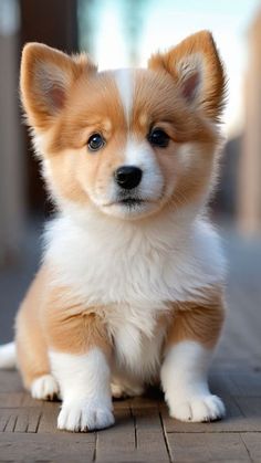 a small brown and white dog sitting on top of a wooden floor