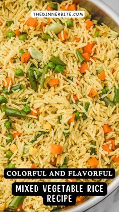 colorful and flavorful mixed vegetable rice recipe in a pan with text overlay that reads colorful and flavorful mixed vegetable rice