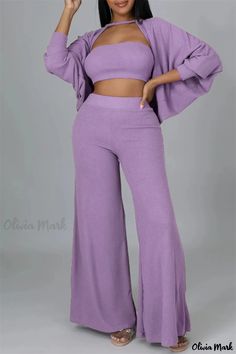 Olivia Mark - Stylish Womens Purple Hollowed Out Patchwork O Neck Long Sleeve Three-Piece Casual Set Purple Two Piece Outfit, Orange Two Piece, Purple Fashion Casual, Purple Two Piece, Two Piece Pants Set, Top Pants Set, Orange Fashion, Purple Fashion, Casual Sets