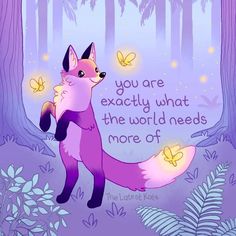 a pink fox standing in the middle of a forest with butterflies on it's back