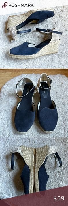 ILSE Jacobsen Dahlia Navy Blue Tan Cream Espadrille Ankle Closure Wedges Size 41