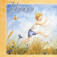 a painting of a young boy running in the grass with a butterfly flying over him