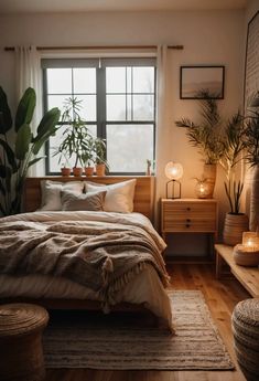 a bedroom with wooden floors and plants in the window