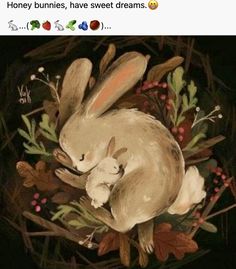 an image of two rabbits in a nest with leaves and berries on the bottom right hand corner