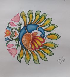 a drawing of a peacock with colorful feathers and flowers on it's back side