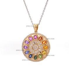 Rainbow sapphire oval diamond pendant necklace gold | Natural sapphire mandala pattern rainbow ombre pendant gold | Rainbow sapphire pendant  GEMSTONE DETAILS : ✦ Gemstone : Emerald ✦ Gemstone Type : Natural ✦ Gemstone Size : 4x3 MM ✦ Gemstone Shape : Oval ✦ Number of Gemstones : 15 ✦ Gemstone Weight : 4 Carats ✦ Gemstone Grade : AAA DIAMOND DETAILS : ✦ Diamond Type : Natural ✦ Diamond Size : 1.00 mm ✦ Diamond Color : F-G ✦ Diamond Clarity : Slightly included ✦ Diamond Cut : Excellent - Very Good ✦ Diamond Weight : 0.80 Carats METAL DETAILS : ✦ Metal : 14K/18K Gold ✦ Metal Color : Yellow / White / Rose Gold ✦ Setting : Channel Setting ✦ Pendant Box : Yes SHIPPING DETAILS : ✦ Shipped via : UPS ✦ Production time : 10-12 days ✦ Delivery time : 7-8 days ✦ Expedited shipping : Available ✦ Exped Multicolor Gemstone Oval Pendant Jewelry, Multicolor Oval Pendant Gemstone Jewelry, Rainbow Sapphire Gemstone Jewelry, Rainbow Gemstone Pendant Jewelry, Rainbow Round Diamond Jewelry, Rainbow Colored Round Diamond Jewelry, Oval Diamond Pendant, Rainbow Pendant, Pattern Rainbow