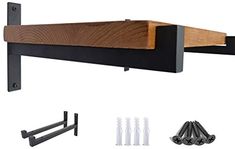 a wooden shelf with black brackets and screws next to it's mounting kit